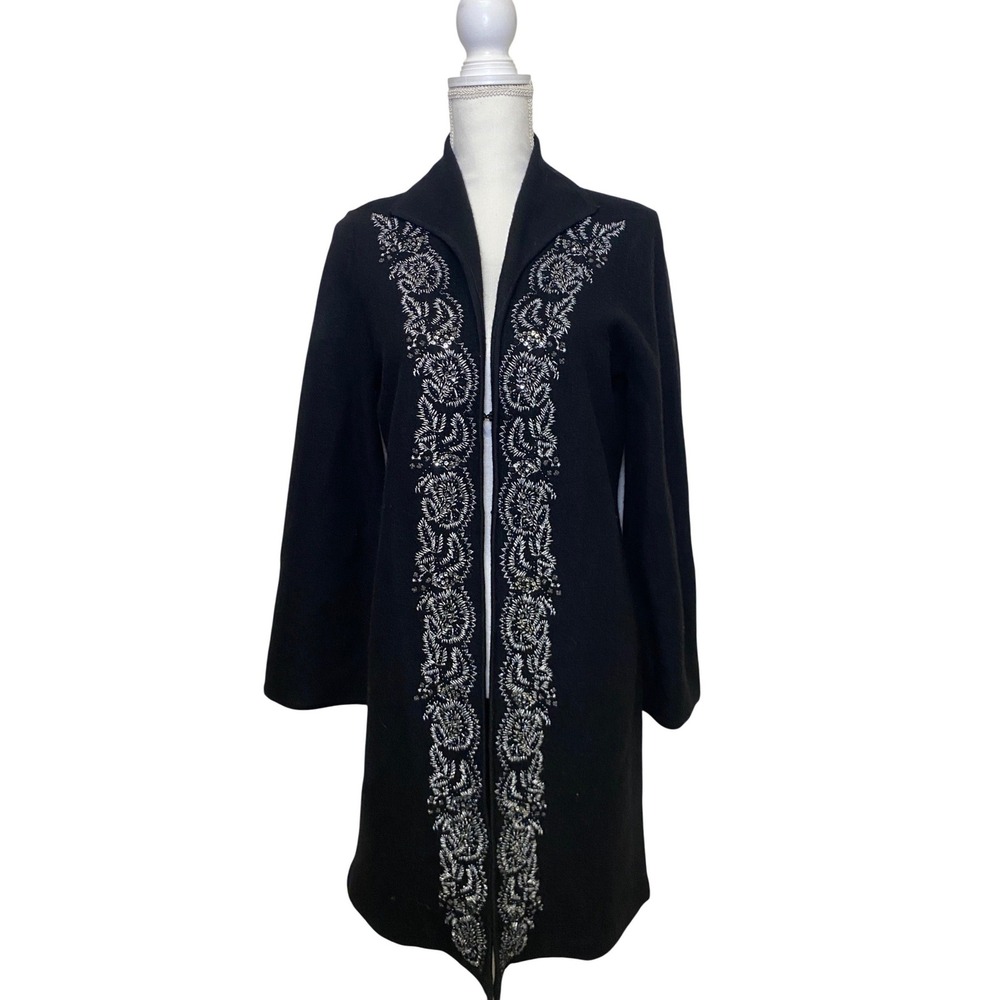 Jones New York Collection Black Sequin Embroidered Longline Coat Women's Size S
